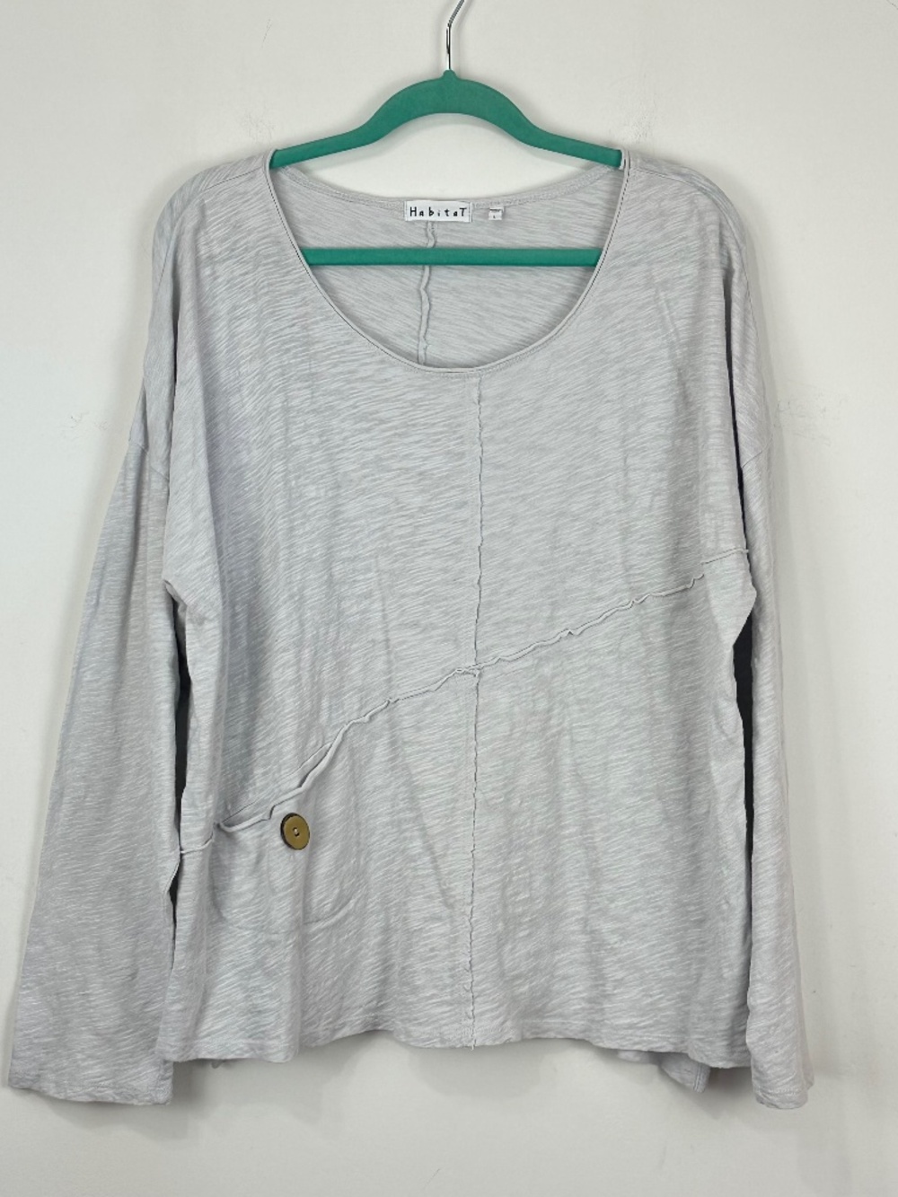 Habitat Women's Light Gray Asymmetrical Long Sleeve A-Line Top L Oversized Boho